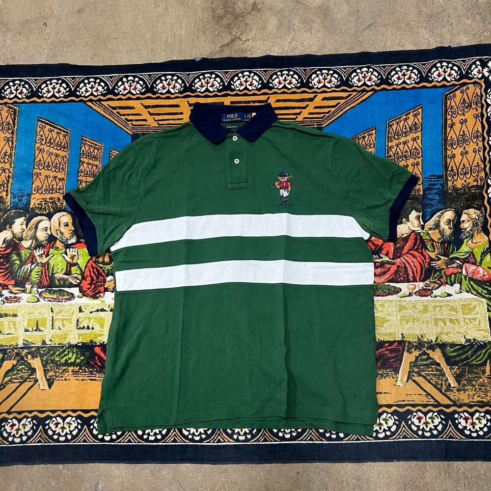 Ralph Lauren green polo shirt Men large rugby striped polo bear embroidered flaw